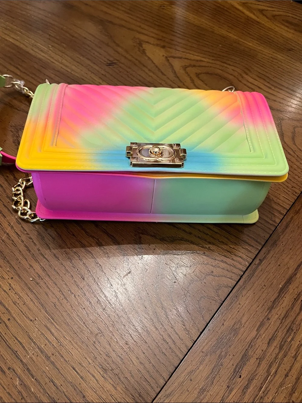 Rainbow Gradient Quilted Jelly Crossbody Bag with Gold Chain
